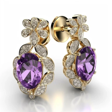 jewellery gold earrings with purple stones and diamonds digital clipart on white background