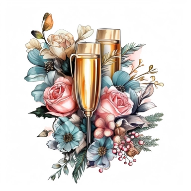 glass Champagne and Christmas Flowers style by Lucy Fleming, watercolor, smooth gradients, black contour outline, ultra detailed, clipart elements, delicate pastel colors, solid white background, super clear, high quality