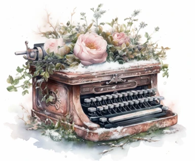 isolated on white illustration watercolor art of a beautiful vintage light pink typewriter, overgrown with white and light pink roses and flowers, covered with snow and ice, a lot of moss and branches, lace and embroidery, winter, snow, trees, masterpiece by Tomasz Alen Kopera style and by Carl Holsoe style and by James C. Christensen style and by Alexander Jansson style, PNG clipart, isolated on white, white background, extreme photorealistic details, 32k HD resolution, realistic high detailiza
