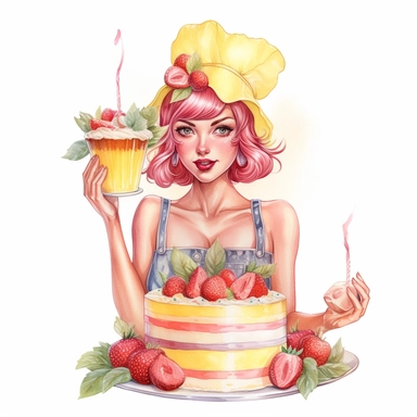 Hand drawn pin up woman, wearing a yellow bakers hat, pink and white striped apron, holding lemonade cake with lemons, with strawberries and blossoms, glamorous, half body, very detailed and realistic, watercolor, white background with margins, clipart style