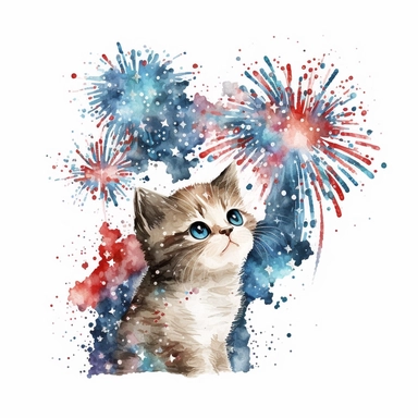 watercolor 4th of july cute kitten fireworks clipart, white background