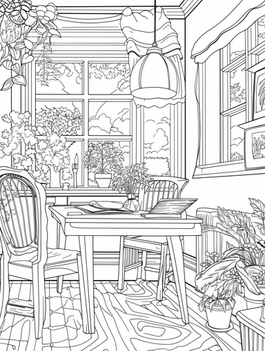 An Adult Coloring Book Featuring Fun and Relaxing Interior Home Designs with Beautifully Furnished Rooms and Welcoming Outdoor Spaces, coloring page line art, black and white clipart for coloring page, simple and clean line art, illustration style,