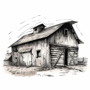 black and white clipart, simple old barn, white background