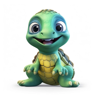 pixar style cute baby turtle clipart on white background, smiling, full body