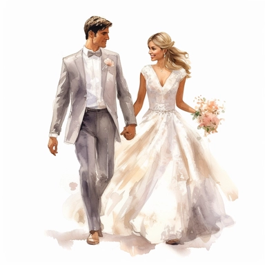 A delightful scene depicting the newlywed couple walking hand in hand, overflowing with happiness and love. The bride, adorned in her exquisite white gown, and the groom, looking dapper in his elegant suit, take confident steps forward, their smiles radiating pure bliss. joy and excitement. Watercolor clipart, white background, intricate details, HYPER-realistic