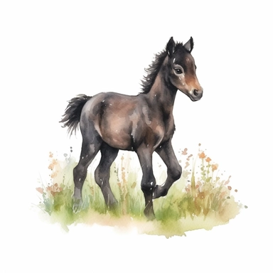 black foal, walking on grass field, watercolor, clipart
