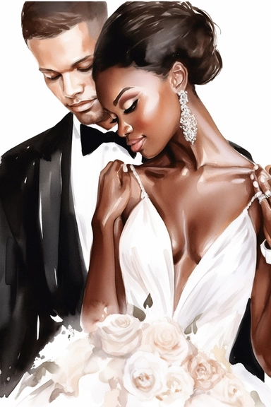 Black skin bride in a white wedding dress with diamonds and with beautiful jewelry, rich and glamour, long beautiful hair, beautiful lips and long eyelashes glamour and the groom in a tuxedo smile watercolor clipart