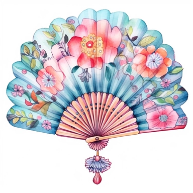 a cute one Japanese Folding Fan , decorate with japanese motifs ,watercolor Sublimation graphics, hand drawn illustration by katie daisy, Watercolor clipart, single design, single object, print on demand image, PNG transparent background, white background for removing background - - no text shadow font watermark, 8k