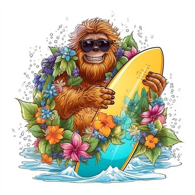 sunglass wearing sasquatch,standing on a surf board riding a wave Sticker,super detailed, realistic, clipart, featuring colorful arrangements of flowers and foliage. The clipart should have a touch of prairiecore and be in the style of hyper-realistic animal illustrations with a white background.Ecstatic, Bright Colors, Contour, Vector, White Background