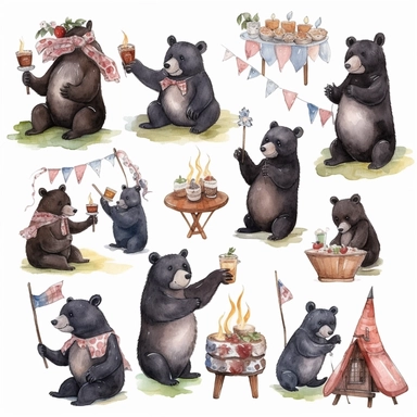 multiple poses characters of Black Bear enjoy with party in the garden, watercolor in medieval cartoon grunge style clipart on white background