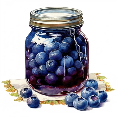 This highly detailed watercolor clipart showcases a charming jar filled with delectable blueberry preserves on a pristine white background. The artwork captures the essence of these rich and sweet preserves with remarkable precision. The jar is meticulously rendered, highlighting its glass texture, lid, and label. The vibrant purple color of the blueberry preserves is depicted with depth and richness, enticing viewers with its mouthwatering appeal. Against the clean white backdrop, this clipart 