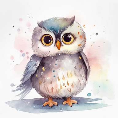 Cute OWL clipart ,happy expression, standing on the snow in dynamic pose, front side, in the style of watercolor cartoon clipart, kate greenaway style, high resolution, composition free space, pastel color scheme, soft and tender, watercolour clipart, watercolor illlustration for kids and children,isolated white background, clipart most popular on etsy, book illustration, featured on dribble,print on demand image, PNG tranparent background,composition medium shot, no text