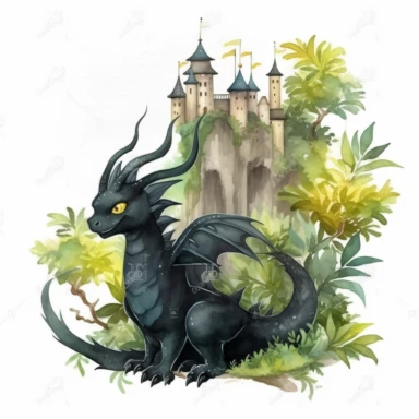 A devil black fantasy dragon , scale , near a castle , bamboo tree , Perfect for nursery art and children's book illustration style, simple, cute, full color, clipart, watercolor illustration, single object, white background for removing background
