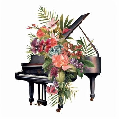 baby grand piano tropical floral clipart, varying angles and orientations white background