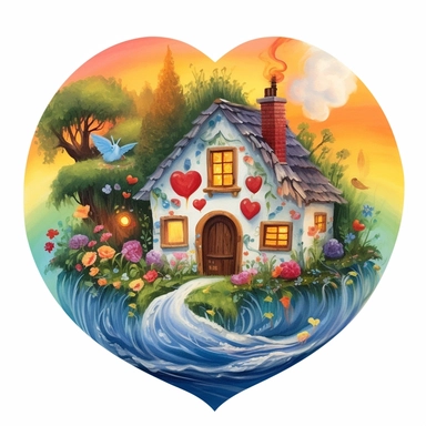 painting of a heart with a rainbow and a cottage inside of it, in the style of enchanting realms, nature-inspired installations, bloomcore, mesmerizing colorscapes, skillful, fluid and organic, cottagecore, clipart, blank white background