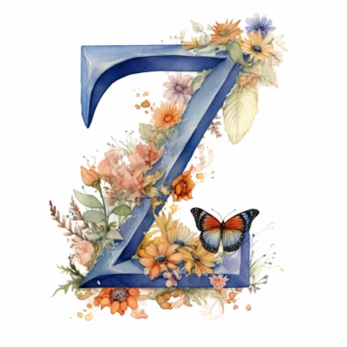 letter Z, decorated with wildflower, subtle butterlies, fine details, soft pastel watercolors, clipart