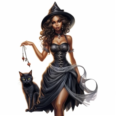 Very attractive black beauty witch in a dress emphasizing her beautiful figure with a cat in her arms as clipart on a white background