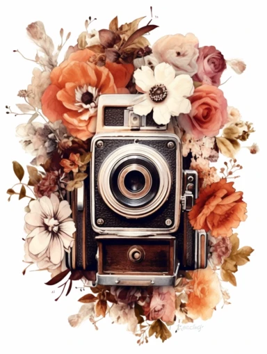 a watercolor old camera 1 photo lens only, colector's item, surrounded by an intricate arrangement of dramatic extravagant ultra realistic digital 3D giant brown and white lucky flowers, in the style of large-scale photography, lush detailing, used style, photorealistic, playfully intricate, made of flowers, bloomcore, 8K, clipart, clear background