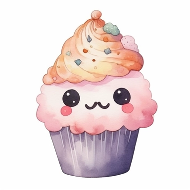 cute illustration of a cupcake, watercolor art, cartoon artstyle, warm color palette, clipart, isolated on a white background, very high quality, 8k