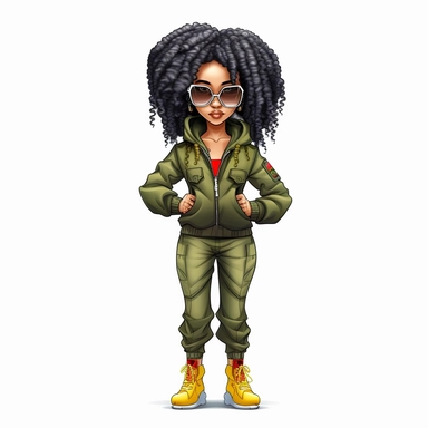 cartoon illustration of a cute black woman, with attitude, leaning with crossed arms, wearing camouflage pants and a green, yellow and red, jacket with red sunglasses, afro hairstyle, clipart, white background