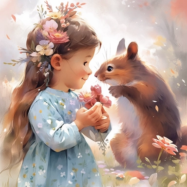 2 girls, squirrel girls, Little girl exploring, rainbow and flowers, illustration for book, children's book, 2 clipart, fiorucci angels, beautiful decoupage paper, pastel colors, clipartm, fantasy art, squirrel ears, perfect eyes, detailed body, Watercolor Clipart, strybk, full Illustration, 4k, sharp focus, watercolor, smooth soft skin, symmetrical, soft lighting, detailed face, concept art, watercolor style, strybk, children's style fairy tales, chibi kawaii, Octane rendering, 3d. Perfect face