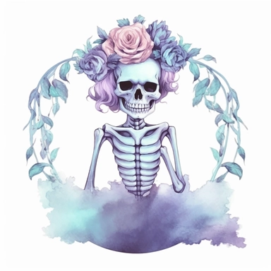 pastel female skeleton with a flower crown and a dress in a circle, half body, cute but spooky Halloween, shades of pastel purple and aqua, glamorous, watercolor, white background with margins, clipart style — uplight