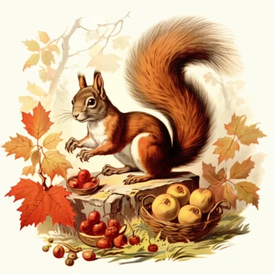 illustration of a squirrel collecting nuts, in the autumn forest, vintage clipart