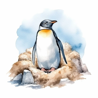 Watercolor clipart consist a penguin standing guard over its nest, the nest is between small ice rock, protecting the eggs from predators. Produce very high detailed image, Produce very high quality image, The penguin proportion is same as real emperor penguin, Left some white empty space around the image frame,