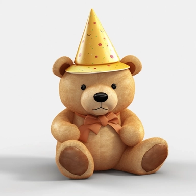 Birthday teddy bear clipart, chubby, happy smiling, fluffy, with Birthday hat, cake, 3d style, 8k, high resolution