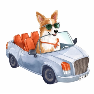 Watercolor clipart illustration of a cute dog driving a convertible sports car and wearing sunglasses, flat white background PNG