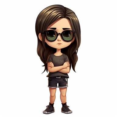 simple clipart cartoon of a 6-year old girl with brown hair and sunglasses, wearing a plain black T-shirt with arms crossed on a white background