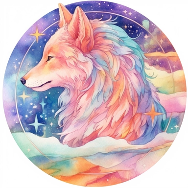 celestial wolve clipart watercolor sketch , dreamy color, anime style, ghibli , trippy , planet , stars, epic, flowers, Phantasmal Iridescent