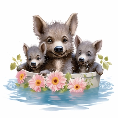 Capture a charming commercial moment with a beautifully detailed, ultra-realistic illustration of a lovable [happy wolf play with three littles pigs splashing in the pond of a nice and floral farm], creating an endearing scene ideal for nursery-style clipart and baby room décor. Isolated on a clean white background, this highly-detailed, award-winning artwork