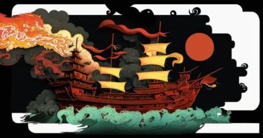 a clipart illustration with a chinese ship on it, in the style of dramatic lighting effects, manticore, multi-layered collage, cartoonish style, monumental murals, smokey background, website,a dragon ship with dragons on it, in the style of digitally enhanced, chinapunk, vibrant stage backdrops, bold graphic illustrations, political illustration, aurorapunk, 2d , chinese dragon in flame, in the style of detailed ship sails, distorted perspectives, exaggerated forms, vibrant stage backdrops, free