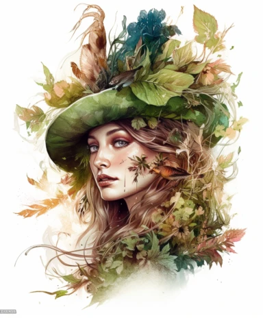 watercolor mixed media a portrait of a beautiful witch covered with moss and fern and branches with summer flowers, masterpiece by Hans Zatzka style and by Pierre-Joseph Redout style and by Vladimir Kush style and by Ivan Fedorovich Choultse style, PNG clipart, isolated on white, white background, extreme photorealistic details, 32k HD resolution, realistic high detailization high resolution