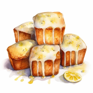 6 watercolour lemon drizzle cake,clip art,HD,on white background Spaced out