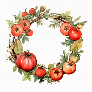 esign a vintage - style, watercolor garland or wreath for the 'Farmer's Kitchen' mystery box label, featuring tomatoes, basil, poppies, and other items from the box, as well as a couple of themed clipart elements for decoration. The garland or wreath should have a soft, romantic aesthetic and be hand - drawn in a watercolor style. The colors should be muted and natural, with pops of bright red and orange for the tomatoes and poppies. The overall design should be whimsical and charming, with a to