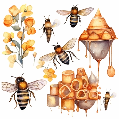 Watercolor Honey Bee Clipart, spring garden bee and honey drips, beehive clip art