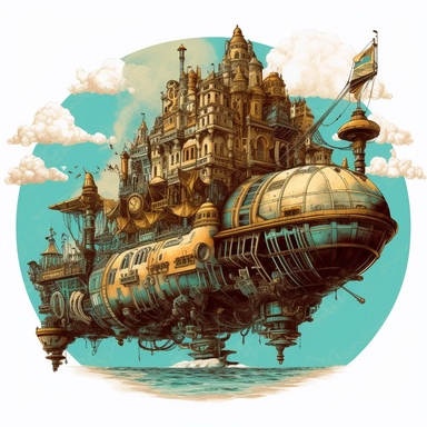 steampunk airship flying above atlantis, vintage, clipart