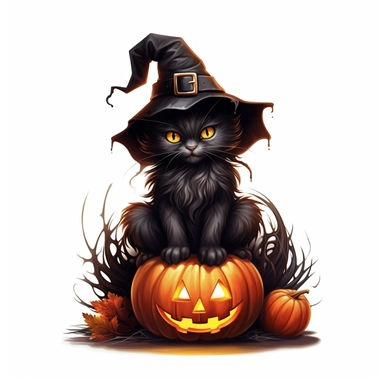 mystical fantasy cute witchy black cat with big halloween pumpkin clipart, hd 4k, detailed, focused, isolated on white background