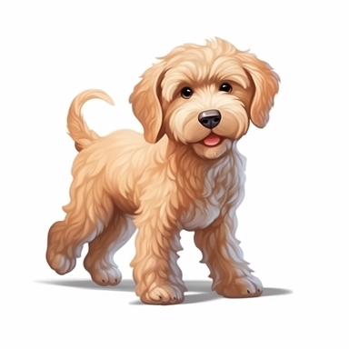 oilpainting, 2d icon of a super cute cartoon goldendoodle ready to play clipart full body, 3d rendering, white background, clean
