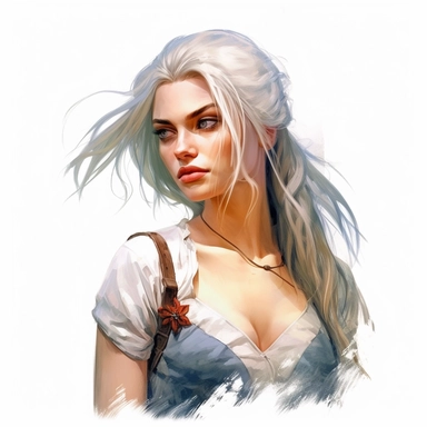 beautiful stunning pretty young woman from The witcher videogame or books , paint art style, clipart, white background, superrealistic, one of a kind