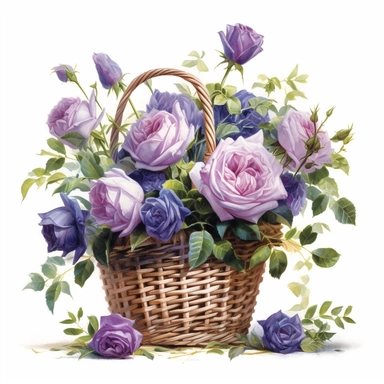 a simple gorgeous basket arrangement with purple rose flowers and greenery on white background clipart, png, watercolor painting realistic, high quality, vibrant, Vicente Romero Redondo, Willem van Aelst, Elsa Beskow
