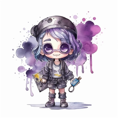 watercolor funny create kawaii marbled black ,silver, purple chibi with school supplies clipart, isolated on white background,space out--ar3:2--s1000