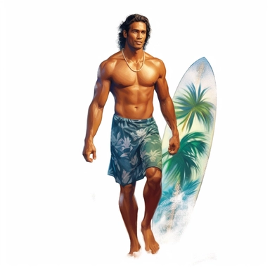 beautiful stunning hawaiian surfer young man , paint art style, clipart, white background, superrealistic, one of a kind