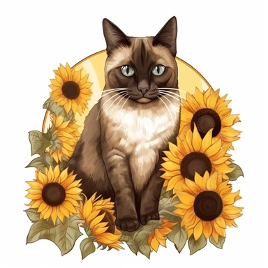 sunflowers and siamese drawn in watercolor, vector design, cutout,Sublimation Clipart ,Cartoon,hyper realistic, intricate detail, illustration style,high solution,on the white background