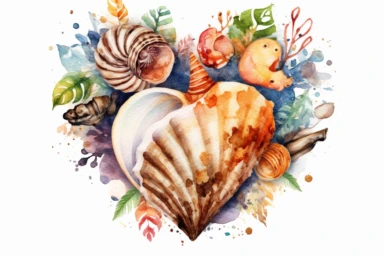 Watercolor, Design a heart shape using intertwined beach elements and seashells clipart, hd, on a white background, spaced out