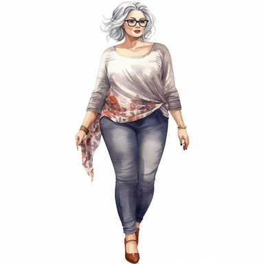 Realistic watercolor full body glamourous fat woman with casual blouse and jeans and heels, beautiful fat woman face with long eyelashes glamourous style, 35 year old lady with grey short hair, clipart, cozy, bright warm colors, 1500x500 pixels,