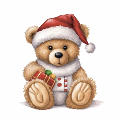A watercolor cute Santa Teddy bear, full color, knitted painting texture, Perfect for nursery art and children's book illustration style, simple, cute, full color, clipart, watercolor illustration, single object, high definition 8k, white background for removing background