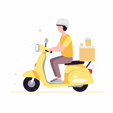 vector design, moped food delivery man, flat modern illustration, clipart, very simple picture, white background, soft gradient transition, in the style of warm color palette, natural pastel colors, in yellow, grey and black colors, object portraiture specialist, uniformly staged images, animated illustrations